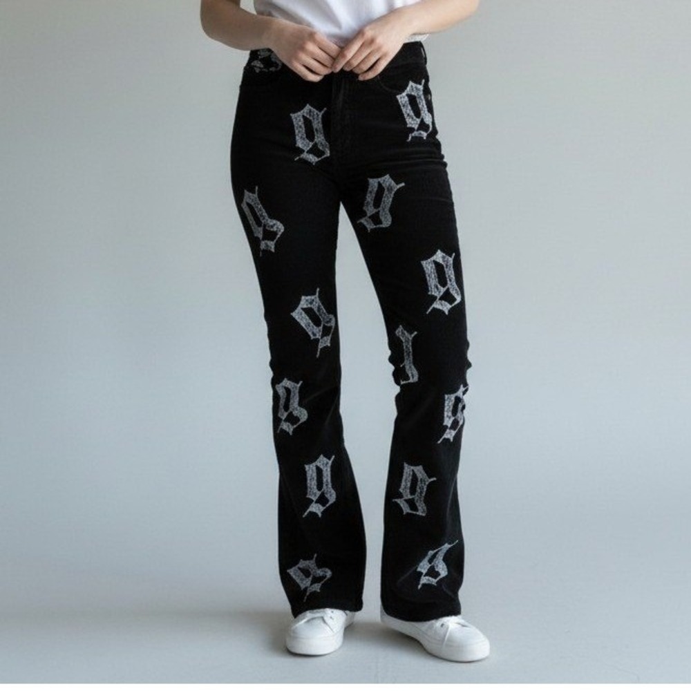 New Golden Denim‎ Women Pants 30 Black Old English Gothic Y2K Flared Corduroy